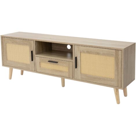 Meuble TV Boho En Bois - Support Jusqu'à 65" - 150x35x45,5 Cm - Portes En Rotin, Tiroir Et Passe-Câble - GIANTEX - 3