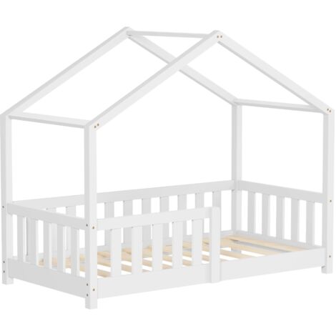 ML-Design Lit Cabane d'Enfant 70x140 cm Blanc en Pin Massif avec Protection Antichute, Toit et Sommier à Lattes, Style Maison, Couchage au Sol Montessori Cadre pour Fille Garçon Chambre à Coucher (1/5)
