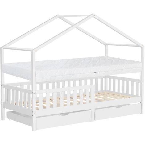 ML-Design Lit Cabane Enfant 90x200cm Blanc avec Matelas H16cm et 2 Tiroirs, Protection Antichute, Toit et Sommier à Lattes, en Bois Massif, Style Maison, Couchage Cadre Montessori pour Fille Garçon (1/5)