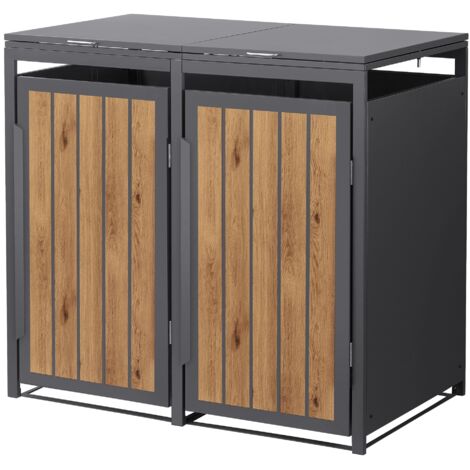 Abri Poubelle Métal Aspect Bois Anthracite 68x80x120 Cm - Cache Conteneur 240L Avec Couvercle Rabattable & Porte