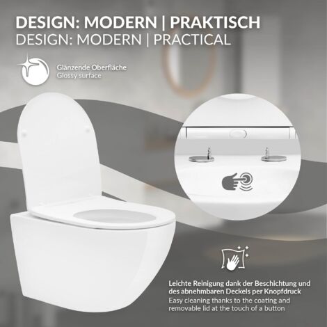 ECD Germany WC Suspendu Long - Rinçage sans Rebord - en Céramique - Blanc - Abattant Softclose en Plastique - Abaissement Automatique à Fermeture en Douceur - Kit de Montage Mural - Design Moderne
