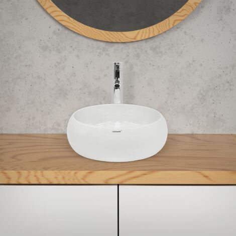 ECD Germany Vasque à Poser Lavabo Salle de Bain - Ø 350 x 120 mm - en Céramique - Rond - Blanc - Vasque Salle de Bain Lave-Mains Évier - Lavabo à Poser - Design Moderne - sans Kit de vidange