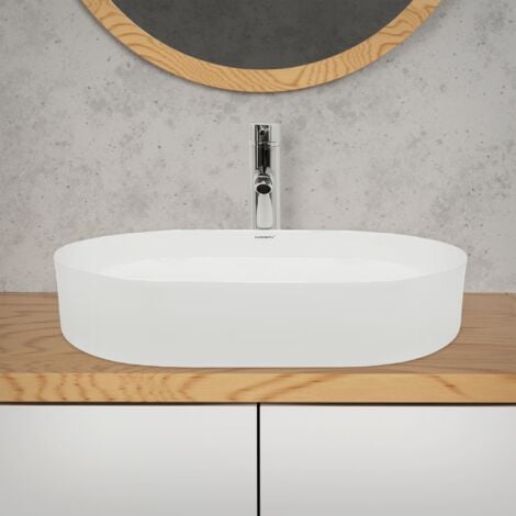 ECD Germany Vasque à Poser Lavabo Salle de Bain - 605 x 380 x 125 mm - en Céramique - Ovale - Blanc - Lave Mains Évier à Poser sur Meuble - Drain avec Raccordement Standard - Sans Kit de Vidange