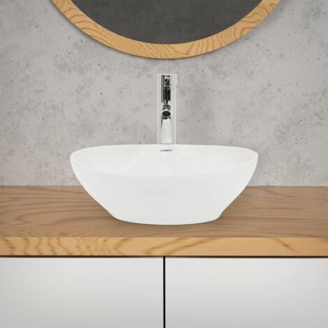 ECD Germany Vasque à Poser Lavabo - Ovale - 410 x 330 x 142 mm - en Céramique - Blanc - Évier Lave-Mains Salle de Bain - Connexion Standard - Design Classique - Sans kit de vidange