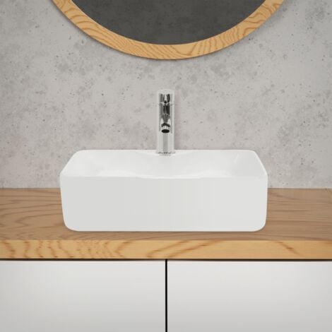 ECD Germany Lavabo Salle de Bain -  Ø 480 x 380 x 140 mm - en Céramique - Carré - Blanc - Lave-Mains Évier - Lavabo Vasque à Poser sur Meuble - Design Moderne - Sans Kit de vidange
