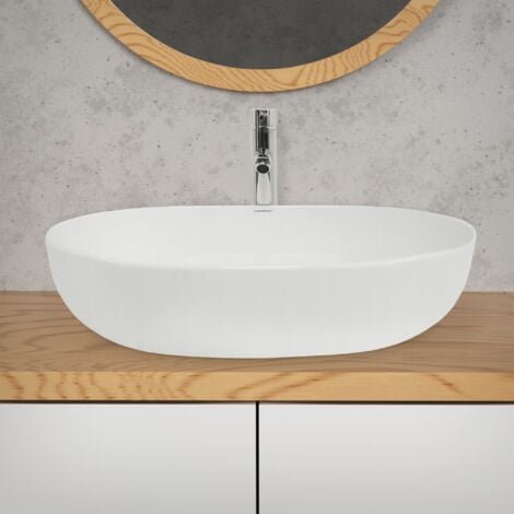 ECD Germany Lavabo Salle de Bain - 600 x 420 x 145mm - en Céramique - Ovale - Blanc - Lave-Mains Évier - Lavabo Vasque à Poser sur Meuble - Design Moderne - Sans Kit de vidange