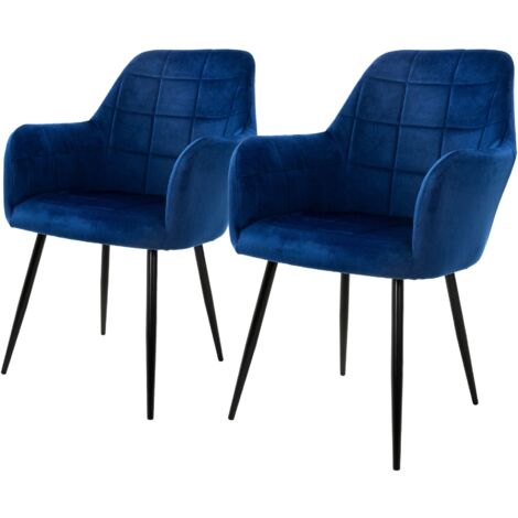 Ml-Design – Lot de 2 chaises de salle à manger bleu foncé – Assise rembourrée velours – Pieds en métal noir – Dossier et accoudoirs modernes (1/5)