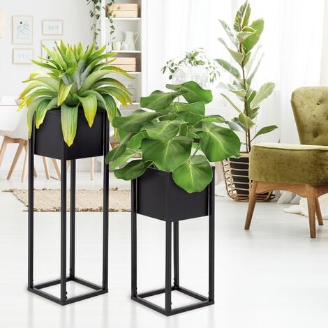 Outsunny Lot de 3 cache-pots carrés pour plantes fleurs sur pied en métal  et bois - 3 hauteurs différentes naturel et noir