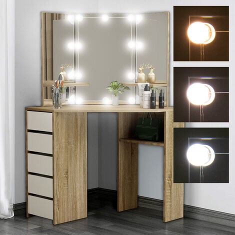 Coiffeuse avec Miroir LED, 3 Couleurs, 2 Tiroirs, Style Moderne, 90 x 40 x  144,7 cm, Étagère de Rangement, Blanc