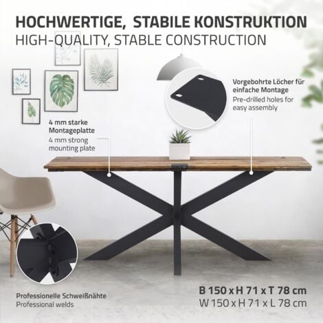 ML-Design Pied de Table Spider 78x71x150 cm, Structure en Croix, Noir, en Métal, Revêtement en Poudre, 150 kg, Design Industriel, Protection du Sol Inclus, Construction Robuste, Matériel de Fixation