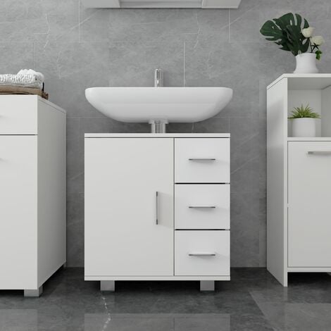 Meuble sous lavabo design meuble de rangement pour salle de bain sous  vasque avec 3 étagères panneau de particules mélaminé 56 x 60 x 31 cm effet  béton et blanc [en.casa] - Conforama