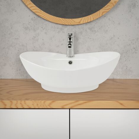 Lavabo à Poser Céramique Blanc ECD-Germany 590x390mm – Neuf Avec Bonde Chrome