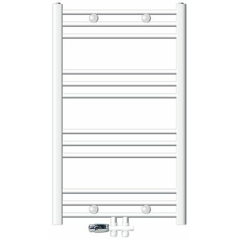 ECD Germany Sèche-Serviettes Sahara Non Électrique - 600 x 800 mm - Blanc - Connexion Central - avec Kit de Raccordement au Sol et Thermostat - Forme Droit - Radiateur pour Salle de Bain (1/5)