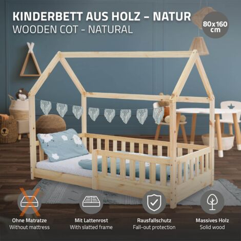 Lit Cabane Enfant 90x190 Cm En Bois Massif - Style Maison Montessori, Avec Barreaux, Sommier Inclus