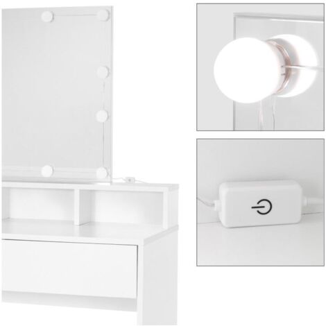 Coiffeuse Blanche Avec Miroir Lumineux LED - 80 Cm, 2 Tiroirs, Design Sobre Et Pratique Pour Chambre