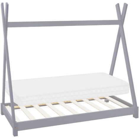 ML-Design Lit d'Enfant Tipi 70x140 cm Gris Clair avec Matelas à Mousse Froide Hypoallergénique et Sommier à Lattes, Housse Amovible Respirant Lavable, Cadre de Lit Style Indien en Bois de Pin Massif