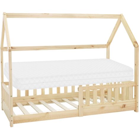 ML-Design Lit Cabane Enfant 80x160 cm Naturel avec Matelas, Protection Contre la Chute, Toit et Sommier à Lattes, en Bois de Pin Massif, Style Maison, Couchage au Sol Maisonnette pour Fille Garçon