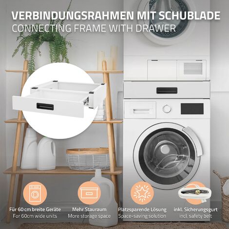 ML-Design Socle pour Machine à Laver avec Tiroir Coulissant, Acier, Blanc, 60,5x54 cm, Antidérapant, Support Base de Lave-Linge, Kit de Montage Intermédiaire Universel, Tiroir Amovible pour Rangement