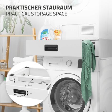 ML-Design Socle pour Machine à Laver avec Tiroir Coulissant, Acier, Blanc, 60,5x54 cm, Antidérapant, Support Base de Lave-Linge, Kit de Montage Intermédiaire Universel, Tiroir Amovible pour Rangement