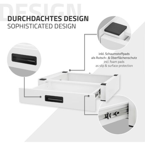 ML-Design Socle pour Machine à Laver avec Tiroir Coulissant, Acier, Blanc, 60,5x54 cm, Antidérapant, Support Base de Lave-Linge, Kit de Montage Intermédiaire Universel, Tiroir Amovible pour Rangement