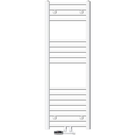 ECD Germany Sèche-Serviettes Sahara Non Electrique - 400 x 1200 mm - Blanc - Connexion Central - avec Kit de Raccordement Mural d'Angle et Thermostat - Forme Droit - Radiateur Salle de Bain (1/5)