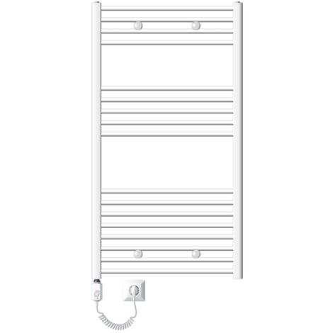 LuxeBath Radiateur Électrique de Salle de Bain Sahara 750x1200 mm Blanc Raccord Latéral Droit Elément Chauffant 1200W +Thermostat Affichage Digital Sèche-serviettes Minuterie et Kit de Fixation Inclus (1/5)