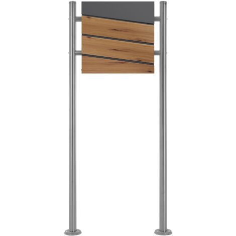 ECD Germany Boîte aux Lettres sur 2 Pieds avec Compartiment à Journaux, Boîte Anthracite Aspect Bois en Acier, Support Poteau 120 cm Argent Métallisé en Acier Inoxydable, Matériel de Montage Inclus (1/5)