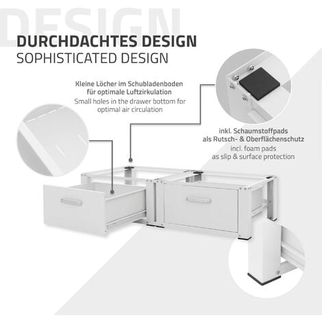 ML-Design Support pour Machine à Laver Double avec 2 Tiroirs Coulissants, Blanc, 128x53,5x31,5 cm, Socle avec 2 Compartiments 2x150 kg, Acier, Base de Lave-Linge, Sous-armoire, Plateforme Haut 31,5 cm