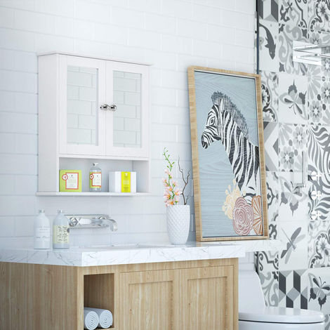 WYCTIN® Spiegelschrank Badezimmer Badschrank mit Spiegel Hängeschrank Bad Wandspiegel  mit 2 Türen 56x58x13cm weiß