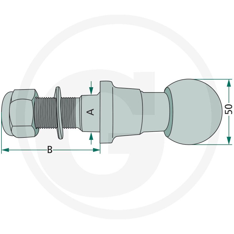 Perno a sfera 50 mm con raccordo filettato trattore terzo punto 20013160