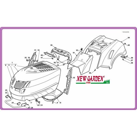 Esploso carrozzeria trattorino 92cm PLUS 15 5/92 H CASTELGARDEN GGP mountfield 94 copertura ruote rosso 325110322/0