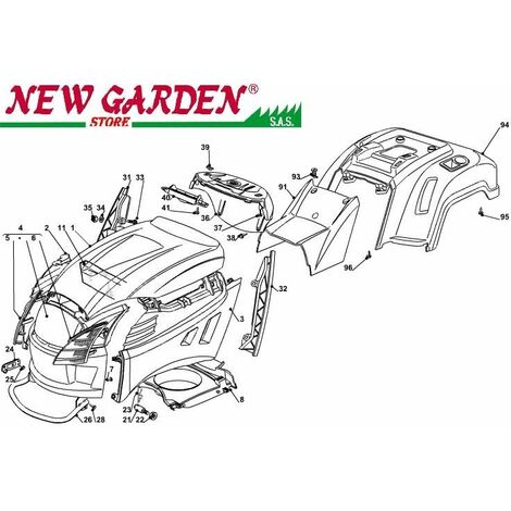 Esploso carrozzeria trattorino rasaerba 98cm XD150 CASTELGARDEN ricambi 2002-13 4 COFANO FRONTALE