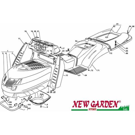 Esploso carrozzeria 102cm PTC220hd trattorino rasaerba CASTELGARDEN ricambi 61 copertura centrale rosso