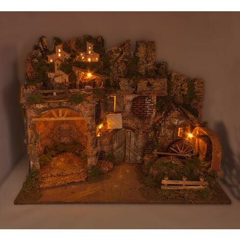 Paesaggio Presepe Casette e Mulino con Luci 60x35 cm 11214