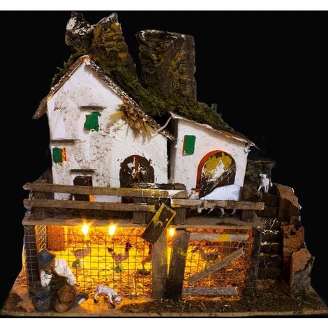 Pollaio illuminato con Galline e Pastore 28x15 cm 85415