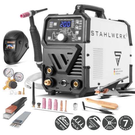 STAHLWERK Saldatrice 2-in-1 combinata DC TIG 200 Puls Pro – Set completo – TIG & MMA fino a 200 A, funzione Pulse, memoria lavori, adatta per lamiere sottili, acciaio, inox