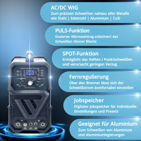 STAHLWERK Saldatrice combinata 5 in 1 MIG MAG 200 Pulse Pro Inverter - ARC MMA, filo animato, Lift TIG, con 200 A, funzione pulse & spot, completamente sinergica, IGBT, per alluminio