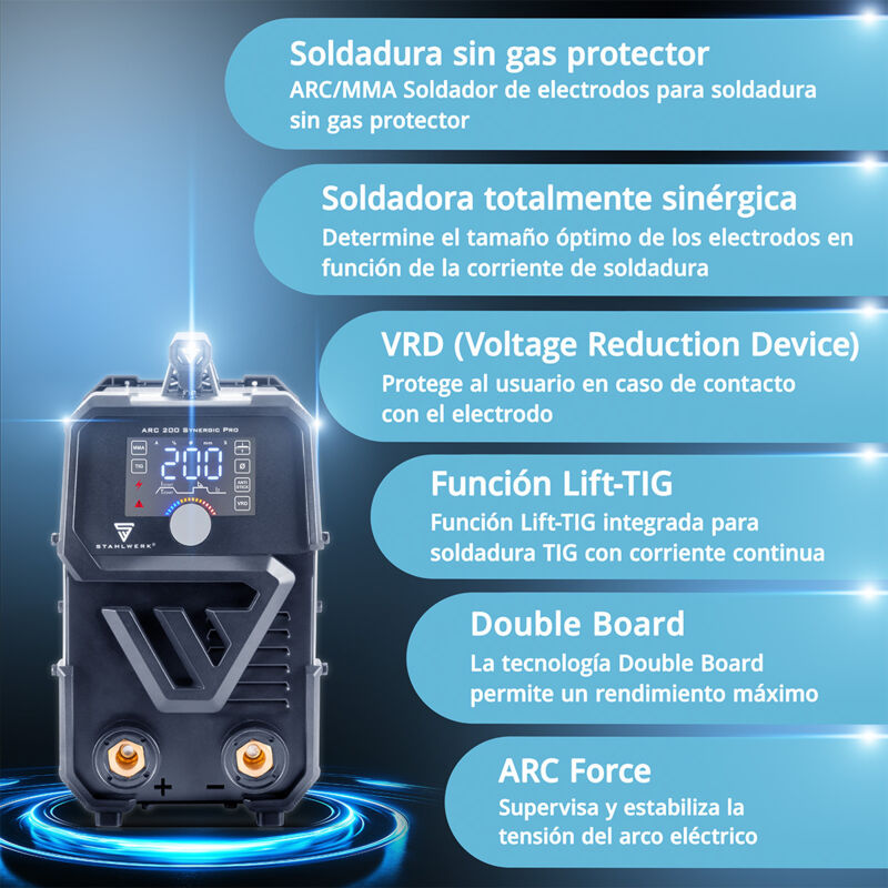 Soldadora STAHLWERK ARC 200 MD Digital - Máquina Inversor DC MMA Y Lift TIG De 200 A Con Pantalla Digital, Refrigeración Y Protección Térmica - Para Soldadura Profesional Y Bricolaje