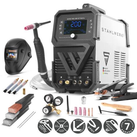 STAHLWERK soldadora de arco con protección de gas 3 en 1 Combi AC/DC TIG 200 ST Digital - totalmente equipada - TIG & MMA (MMA/ARC) hasta 200 A, modo limpio para la limpieza electroquímica de cordo