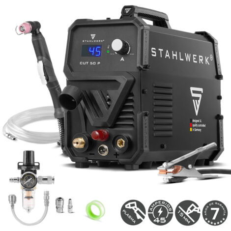STAHLWERK Cortador de plasma CUT 50 P – 15-45 A, capacidad de corte hasta 15 mm, Plasma Cutter con encendido HF Pilot, refrigeración inteligente, fácil manejo con muchos accesorios