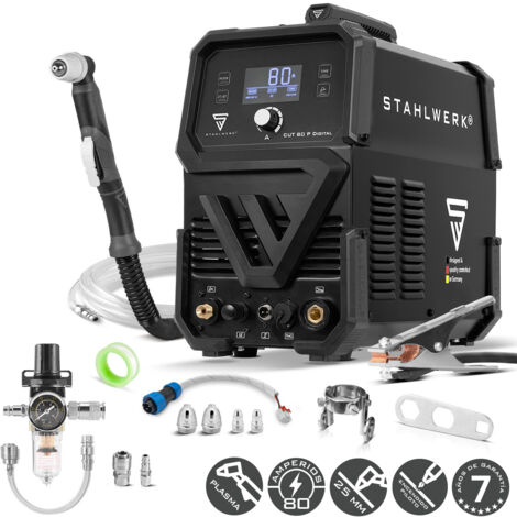 Cortadora de plasma STAHLWERK CUT 80 P Digital - Cortadora de plasma con 80 A, capacidad de corte hasta 25 mm, cortadora de plasma inverter con encendido piloto HF, interfaz THC para control de altura