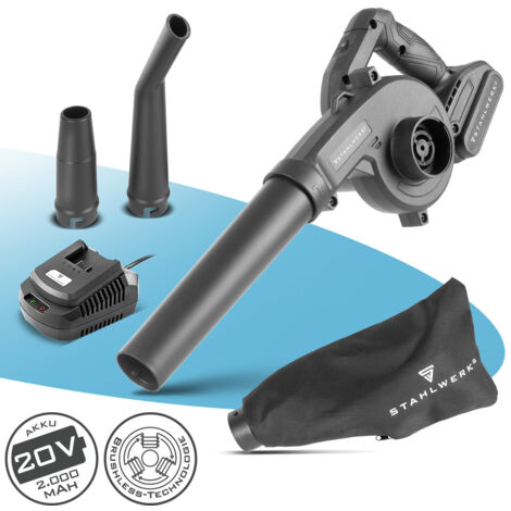 STAHLWERK 2 en 1 mini soplador y aspirador de hojas sin cable MAG-20 ST - 20 voltios con 2Ah, soplador universal portátil para la limpieza de jardines y calles, aspirador sin escobillas y soplador com
