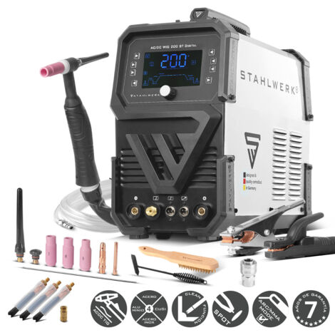 STAHLWERK soldadora de arco con protección de gas 3 en 1 Combi AC/DC TIG 200 ST Digital - TIG & MMA (MMA/ARC) hasta 200 A, modo Clean para la limpieza electroquímica de cordones de soldadura de ace
