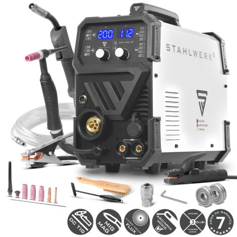 STAHLWERK Soldadora combinada 3 en 1 MTM-200 ST – Inverter combinado para TIG, MIG/MAG, MMA/Electrodo hasta 200 A, hilo sinérgico, 4 rodillos, encendido HF, apto para hilo hueco, acero, chapa fina