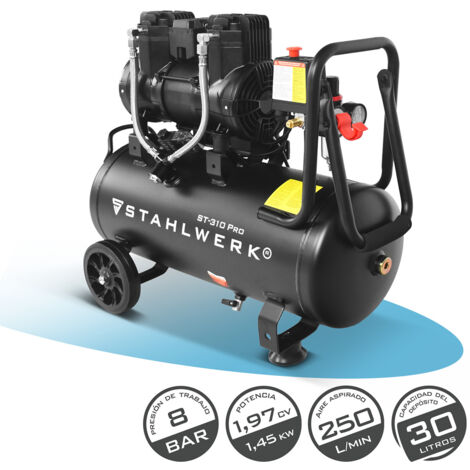 STAHLWERK Compresor con tanque de 30 L (ST-310 Pro) – sin aceite y silencioso, 8 bar, compresor de aire con motores sin escobillas, 1,97 CV, 1,45 kW, 250 l/min, compresor de pistón silencioso (1/5)