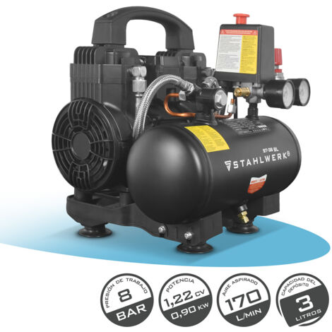 STAHLWERK Compresor con tanque de 3 L (ST-38 BL) – sin aceite y silencioso, 8 bar, compresor de aire con motores sin escobillas, 1,22 CV, 0,90 kW, 170 l/min, compresor de pistón silencioso (1/5)