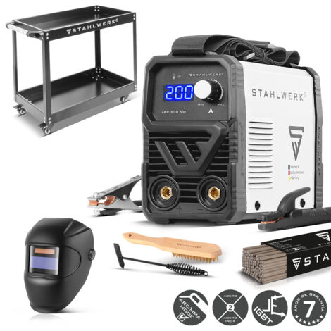 STAHLWERK Soldadora de electrodos ARC 200 MD – Equipo completo con carro – MMA (Electrodo) 200 A, uso flexible sin gas, compacta y ligera, refrigeración inteligente, Hotstart, función Anti-Stick (1/5)