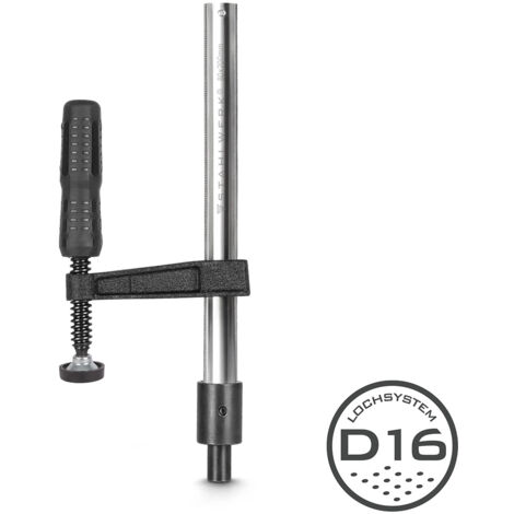 Pinza de sujeción y atornillamiento STAHLWERK (Pinza F) - 80 x 200 mm para mesa de soldar con sistema de taladros D16, DIN 5117, rosca trapezoidal, eje niquelado, carril guía perfilado, empuñadura bas