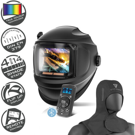 STAHLWERK MASTER 3 en 1 conjunto de máscara de soldadura automática con casco de soldadura - reproducción fiel del color, memoria de trabajos, mando a distancia, regulación automática DIN 4 - DIN 14, 