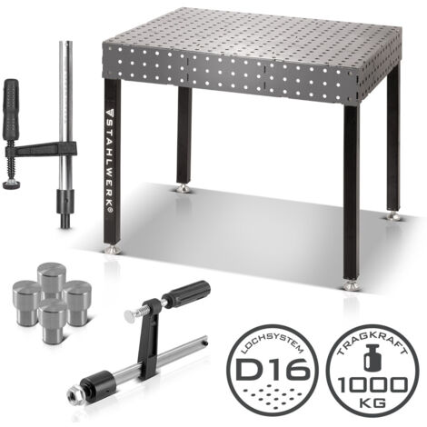 Juego de mesa de soldadura STAHLWERK - Robusta mesa de soldadura y montaje 3D con sistema de taladros D16 y encimera de 6 mm como juego de bricolaje con tornillos y abrazaderas de sujeción, así como p
